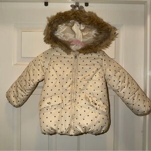 C&C California Cream Black Polka Dot Puffer Zip Up Fur Trim
Hood Winter Jacket